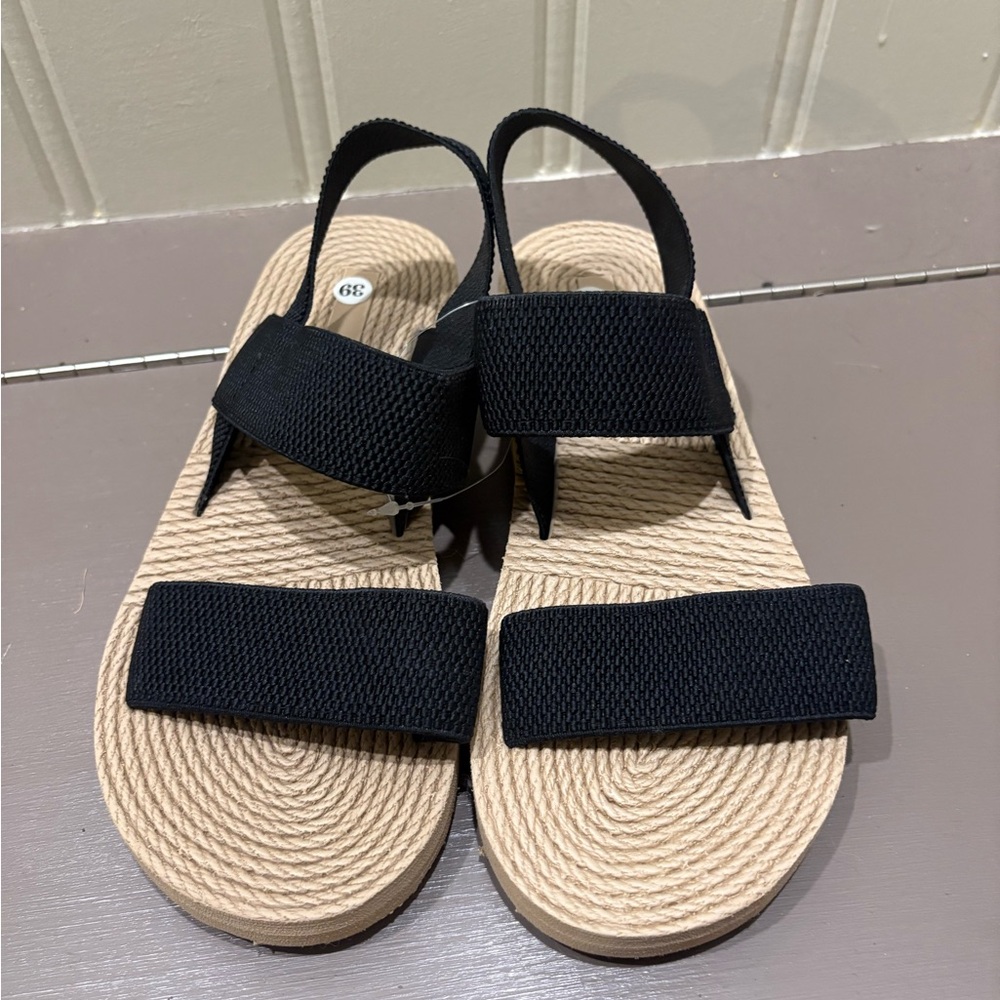 Women's Black Sandals with Woven Straps